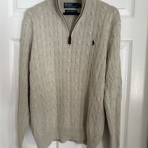POLO Ralph Lauren Men's Sz LG  Greige 100% Silk Cable Knit Zip 1/4 Sweater